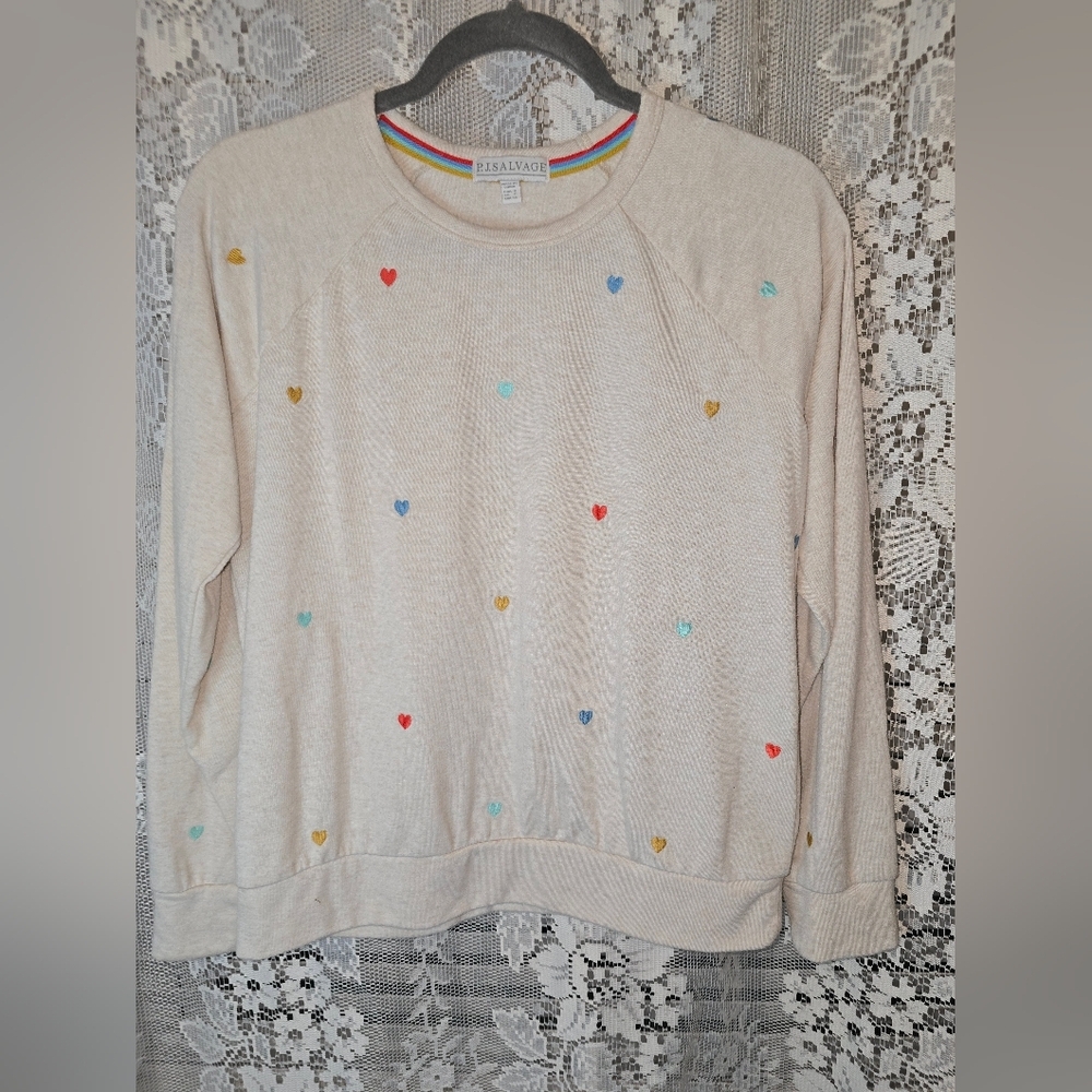 PJ Salvage Top, Longsleeve, Oatmeal Sweater with Colorful Heart Accents, Womens
